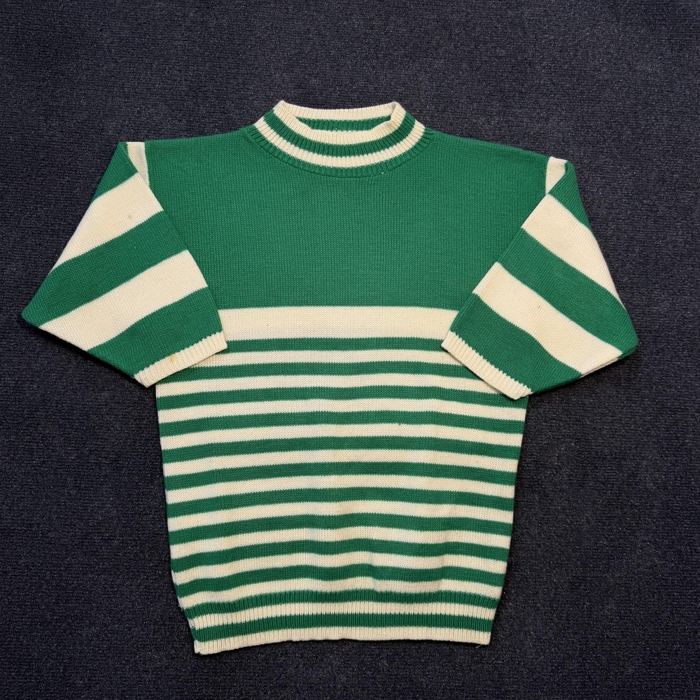 Vintage 80s Beaucoup Sweater Womens Medium Green Striped Mock Neck Short Sleeve